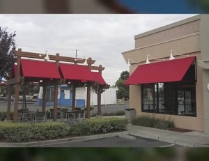 Custom red commercial awnings for Panda Express