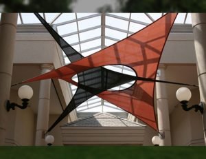 Indoor black and red commercial sun shade panels