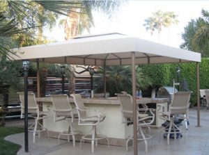 Pool area patio shade awning with white awning fabric