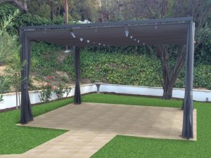 Dark metal awning with dark slide on wire awning fabric