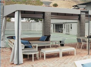 Commercial patio shade awning with grey awning fabric