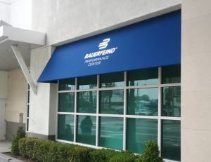 Blue commercial awning for Bauerfeind