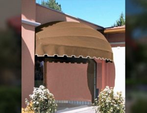 Custom residential awning with brown awning fabric