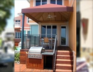 Rust colored patio shade awning with custom awning fabric