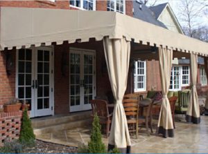 Patio shade awning with custom tan awning fabric