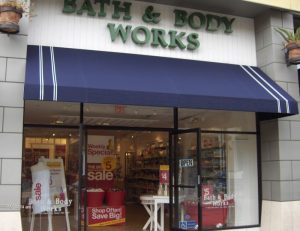 Blue commercial awning for Bath & Body Works