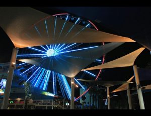 Commercial sun shade panels with custom awning fabric for an amusement park