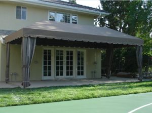 Patio shade awning with brown awning fabric