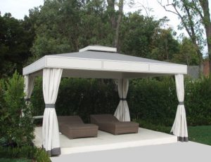 Custom cabana with grey and white awning fabric
