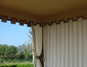 Cabana with custom striped drapes