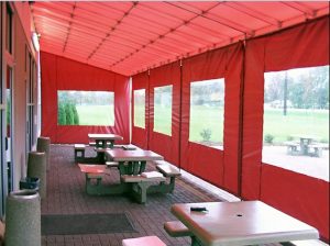 Red storefront awning for a patio