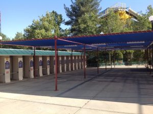 Custom Magic Mountain awning with blue fabric