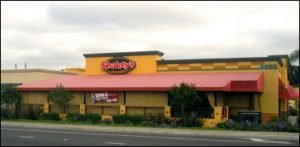 Red patio cover awning for Shakey's in Van Nuys